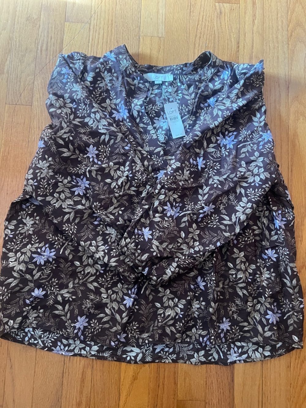 LOFT Brown Floral V-Neck Top with Lavender Accents